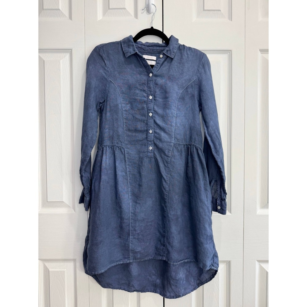 Halston Chambray Shirt Dress Women's XS Navy Blue Long-Sleeve Collared 100%Linen